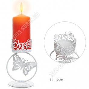 Подсвечник (металл) на 1широк.свечу h12см, декор.роза и бабочка, белый, п/у (288) 