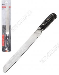 Ogma Нож д/хлеба L19см,лезвие гравированное под/дамасскую сталь 5CR15MOV,литая ручка с деревянной вставкой,блистер (12) 