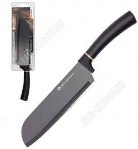 Нож сантоку L16,5см черная с золотом полоса, сталь +прорезиненная ручка (12) 