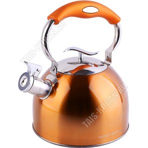 Чайник нержавеющая сталь цветной 2,5л,оранжевый,свисток,индукционное дно,подвижная бакелитовая ручка,зеркальная полировка,подарочная упаковка (12) 