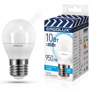 Ergolux ПРОМО-Шар E27 10Вт,холодн.4500К,светов.поток 960Лм (аналог 80Вт обыч.лампы) h82 d45мм (25) 