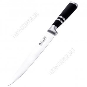 ORIENTE Нож разделочный 34см,лезвие нержавеющая сталь 3Сr13,черная прорезиненная ручка,блистер (12) 