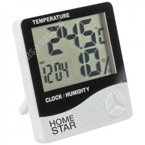 Термометр-гигрометр 2 показателя (температура в  помещении °C, относительная влажность %), погрешность +/- 1°, цена деления 0,1°С, диапазон измерения относительной влажности 10-99%, встроенные часы, будильник, блистер, работа от бат.1ААА (не вход.в компл) 