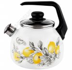Лимоны Чайник белый 3,0л,свисток,стеклянная крышка,индукционное дно,черная полу/дуговая ручка (4)