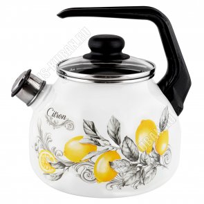 Лимоны Чайник белый 3,0л,свисток,стеклянная крышка,индукционное дно,черная полу/дуговая ручка (4) 