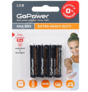 Батарейка GoPower Extra Heavy Duty R03 BL-4шт,блистер (48) 