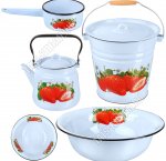 Клубника пудр-голубой Н-р посуды 4пр (ведро 12л/таз 12л/чайник 3,5л/ковш 1,0л) мет.крыш и ручк