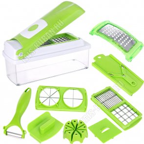 Овощерезка NICER DICER PLUS 10пр. контейнер 1,5л. со шкалой, 4 нас. д/мелк и сред куб. и солом ( 6х6,12х12мм), д/крупн.куб. и солом, ломтик (6х36, 18х18мм), д/нарез ( 4или 8 част), защит наклад, крышка, овощечист (1) 