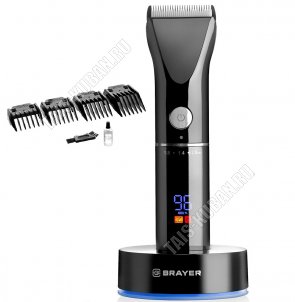 Машинка д/стрижки на подстав. (сеть/аккум) 3Вт,бат.700mAh, 4насад (3-12мм) 3 уров.длины (0,8-2мм) лезвия сталь/титан,подвиж.лезв.керамич,LED-дисплей,турбо реж,пов.360,щеточ,масло,черн 