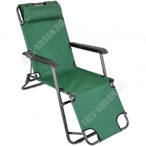 Кресло-шезлонг складное с подножкой 85х47х153см, цвет зеленый, двойное положение спинки, съёмный подголовник, ткань-полиэстр, черный металлический каркас. Диаметр каркаса 25мм. до 120кг. 