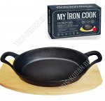 Сковорода порционная овальная L23см на деревянной подставке (6)