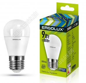 Ergolux-Шар E27 9Вт,дневн.6500К,светов.поток 875Лм (аналог 80Вт обыч.лампы) h88 d45мм (10)