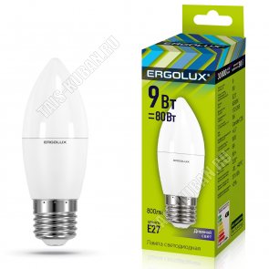 Ergolux-Свеча E27 9Вт,холодн.6500К,светов.поток 875 (аналог 80Вт обыч.лампы) h112мм d38мм.(10) 