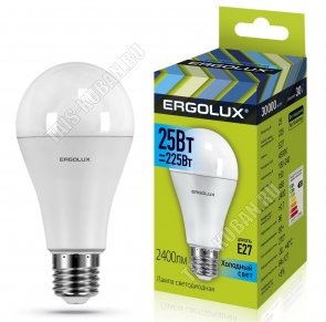 Ergolux-ЛОН E27 25Вт,нейтральн.(дневн) 4500К,светов.поток 2000Лм (аналог 200Вт обыч.лампы) h127 d65мм (10) 