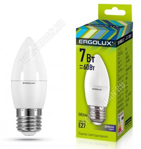 Ergolux-Свеча E27 7Вт,дневн.6500К,светов.поток 680Лм (аналог 60Вт обыч.лампы) h101 d37мм (10) 