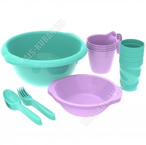 Набор д/пикника 4 перс. 21пр, мятно/сирень (стаканы 0,25л 4шт,кружка 0,4л 4шт,вил 4шт,ложка 4шт,тар.глуб 4ш,салат.3,5л) (15) 