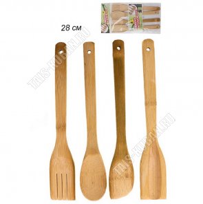 Бамбук Кухонный набор 4предмета L28см (ложка,лопатка,лопатка с прорезями,лопатка скошенная) (12) 