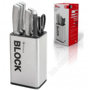Набор цельнометаллических ножей 7предметов на подставке (ножи топорик L20см/поварской L20см/универсальный L12,5см/д/хлеба L20см/д/овощей L9см,ножницы,мусат д/заточки) (6) 