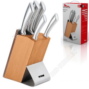 Набор цельнометаллических ножей 5предметов на деревянной подставке (поварской L20см/раздел L20/универс L12,5/д/хлеба L20/д/овощей L9см) (6) 