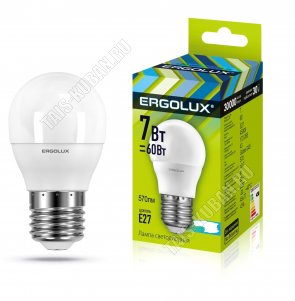 Ergolux-Шар E27 7Вт, нейтрал.(дневн) 4000К, (аналог 60Вт обыч.лампы) (10) 