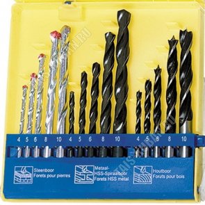 Сверла комб. н-р 15шт.(4,5,6,8,10мм-по бетону,мет,дер) цил.хвостовик,пласт.пенал 