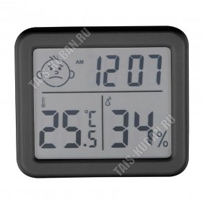 Термометр-гигрометр 3в1(t в помещ/влажность,часы) 7х6,5см, черный (48) 