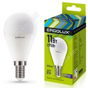 Ergolux-Шар E14 11Вт, холодн.6500Вт, (аналог 90Вт обыч.лампы) (10) 
