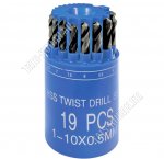 Сверла по мет.н-р 19шт.(1-10мм,через 0,5мм) HSS,цилинд.хвостовик,в стакане 