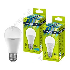 Ergolux-ЛОН E27 12Вт,холодн.6500К,светов.поток 1155Лм (аналог 100Вт обыч.лампы) h115 d60мм (10) 