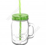 Кружка-банка д/коктейля 500мл с метал.крыш и трубочкой 4цв