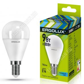 Ergolux-Шар E14 9Вт, холодн.6500К, (аналог 70Вт обыч.лампы) (10) 