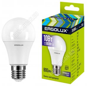 Ergolux-ЛОН E27 10Вт, холодн.6500К, (аналог 80Вт обыч.лампы) (10) 