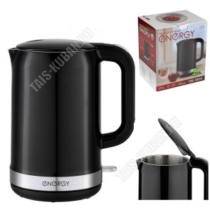 Чайник пластик+нерж 1,7л 1800Вт диск,2-ная стенка (внутри нерж.сталь),черный (12) 