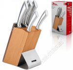 Набор цельнометаллических ножей 5предметов на деревянной подставке (поварской L20см/раздел L20/универс L12,5/д/хлеба L20/д/овощей L9см) (6) 