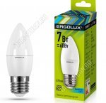 Ergolux-Свеча E27 7Вт,холодн.6500К,светов.поток 560Лм (аналог 60Вт обыч.лампы) h101 d37мм (10) 