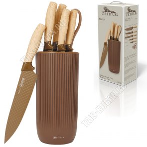 Набор ножей 6предметов на подставке (ножи поварской L20см/д/хлеба L20см/универсальный L13см/разделочный L20см/д/овощей L9см,ножницы),мокко (6) 