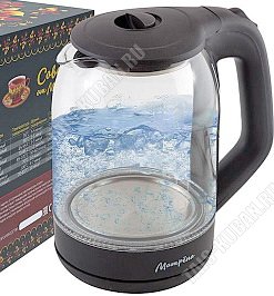 Чайник стекло 1,8л 1500Вт диск,повор.360, внутр.подсвет,автооткл,защита б/воды,черный (12) 