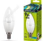 Ergolux-Свеча E14 9Вт, нейтрал.(дневн) 4000К (аналог 80Вт обыч.лампы) (10) 