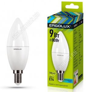 Ergolux-Свеча E14 9Вт, нейтрал.(дневн) 4000К (аналог 80Вт обыч.лампы) (10) 