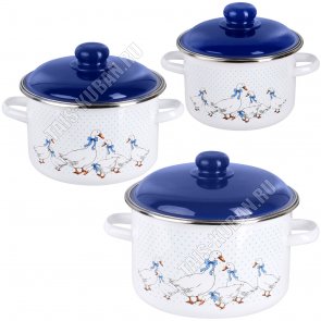 Гуси Набор 3предмета (кастрюли 2,0/3,0/5,5л) металлическая синяя крышка,белая эмаль,пластиковая ручка/кнопка (цилиндр) 