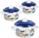 Горная лаванда Набор 3предмета (кастрюли 2,0/3,0/4,0л) металлическая синяя крышка, белая эмаль, белая пластиковая ручка/кнопка (сфера)